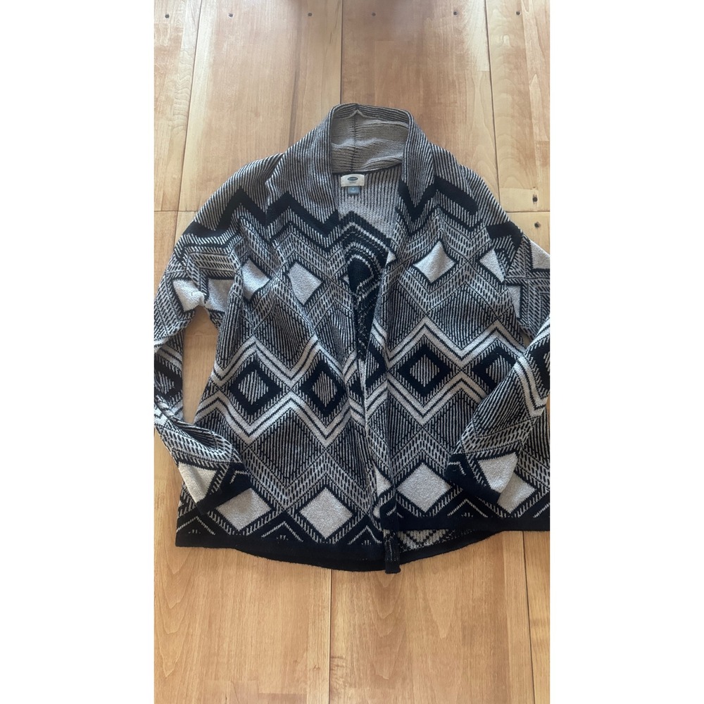 Old Navy‎ Womens Medium Geometric Open Front Cardigan Black Gray White